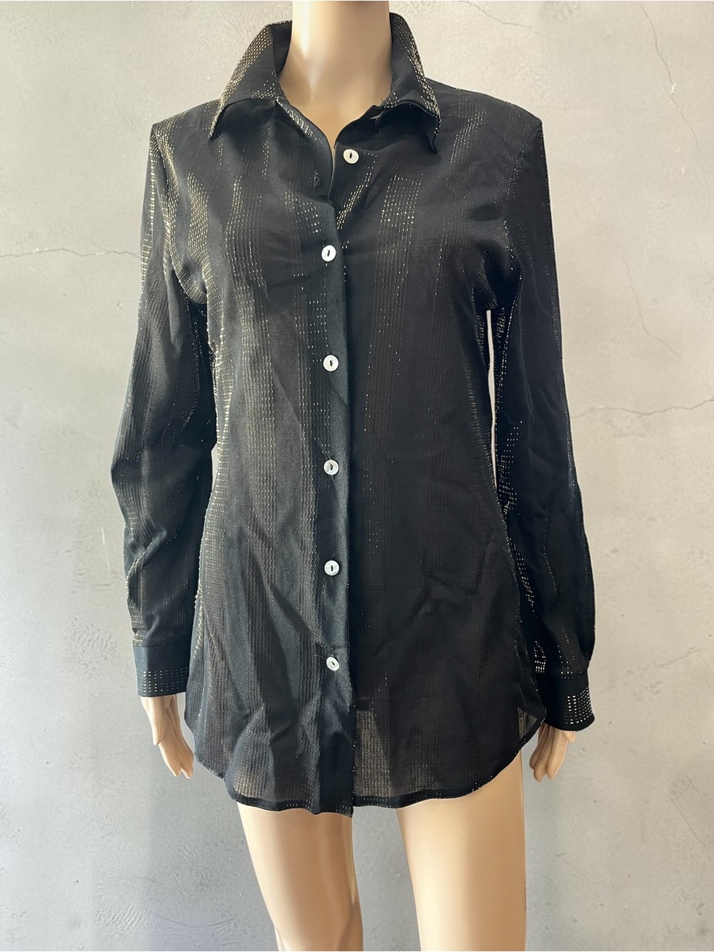 Vintage Black Sheer Shimmer Button Up Blouse Top Size 8 Medium